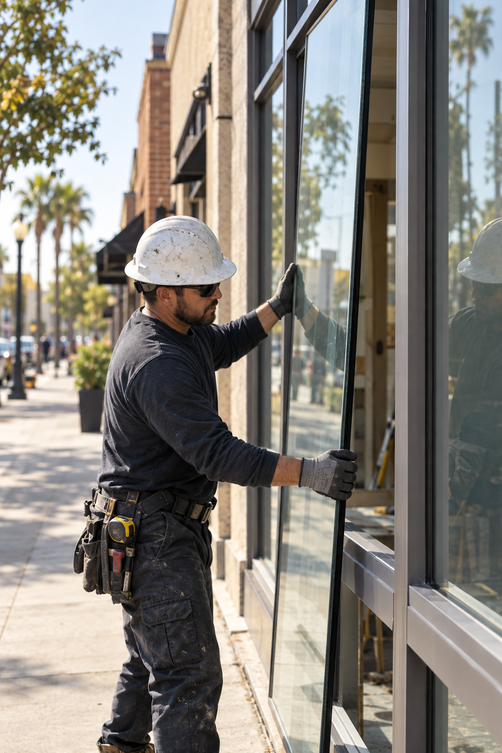 A glazier in a hard hat setting a large glass lite into an aluminum-framed storefront on a downtown California sidewalk