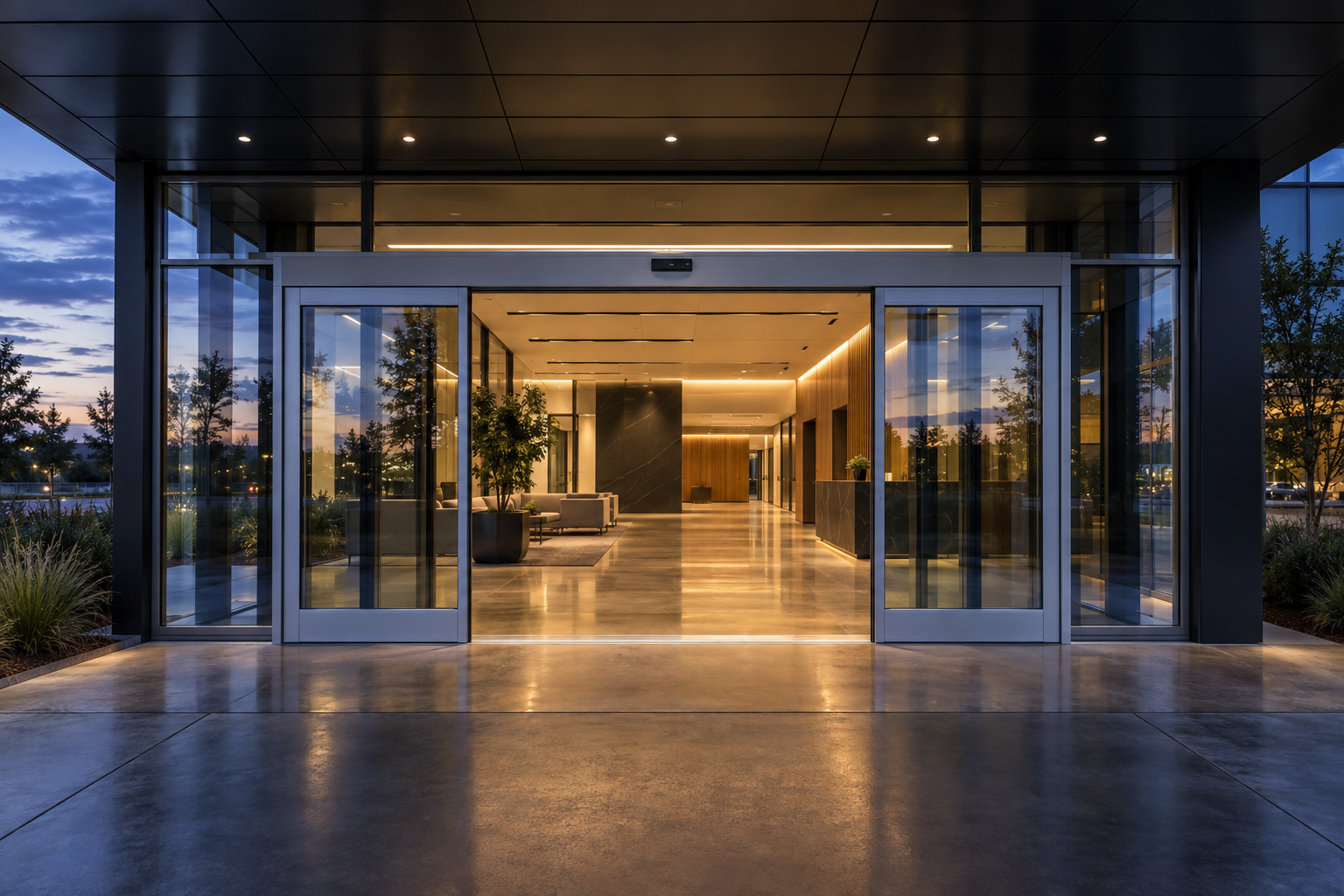 Aluminum-framed commercial entry with sidelites at dusk