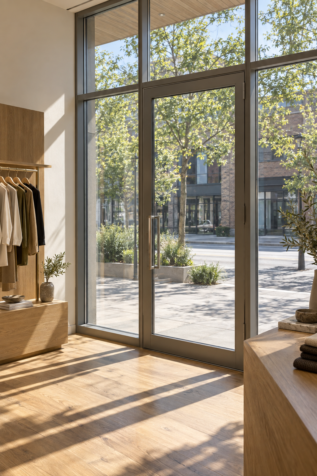 Aluminum-framed storefront glazing with floor-to-ceiling glass panels